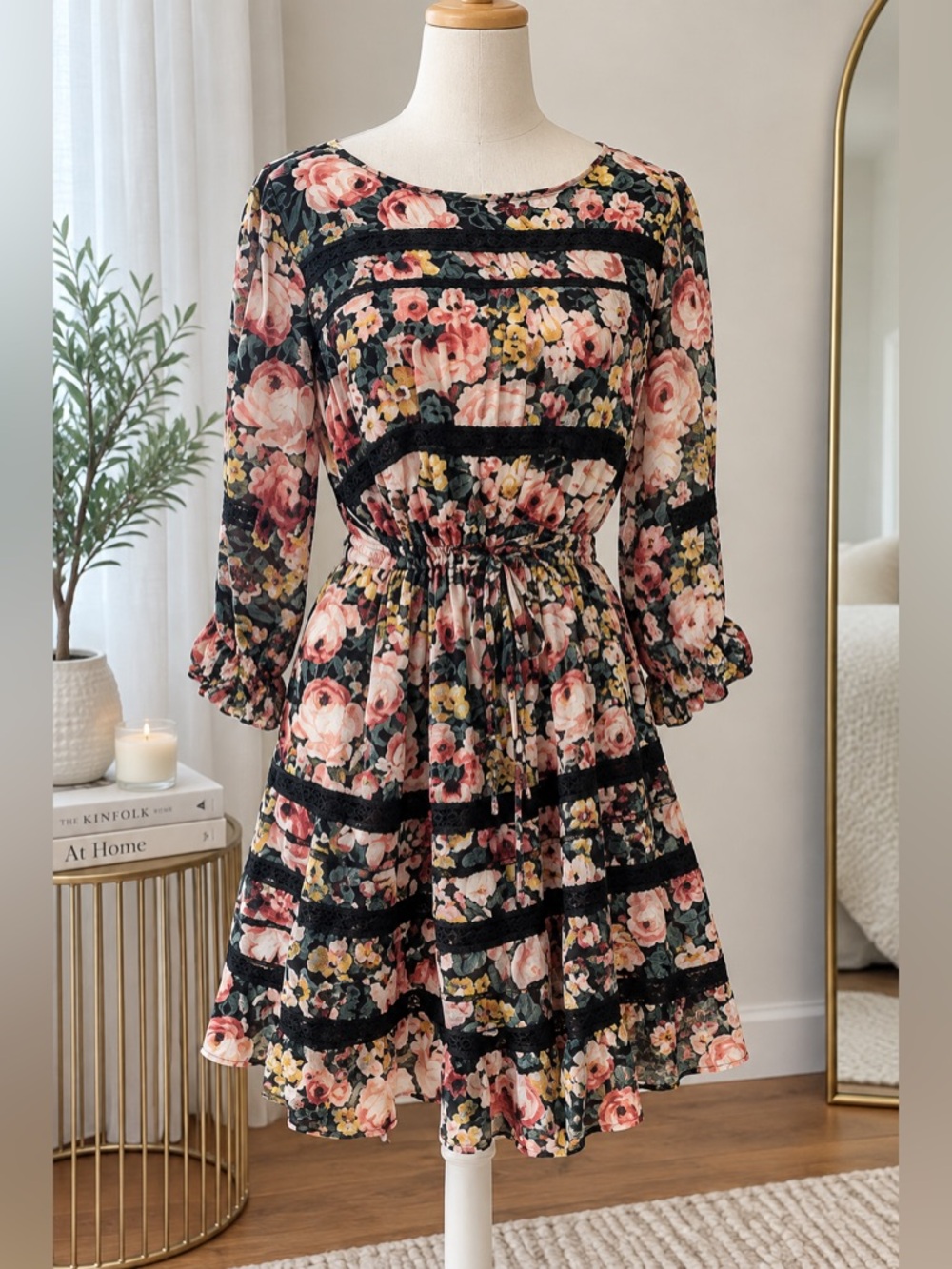 Anthropologie Holding Horses Floral Draw String Waist Mini Dress - Black/Pink XS